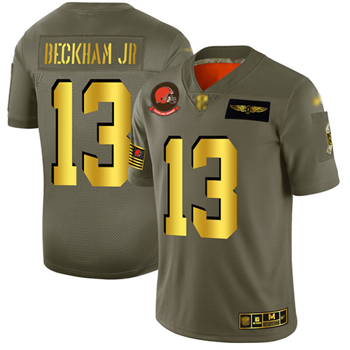 Cleveland Browns Odell Beckham Jr Men Olive Gold Limited Jersey #13 NFL Football 2019 Salute To Service
